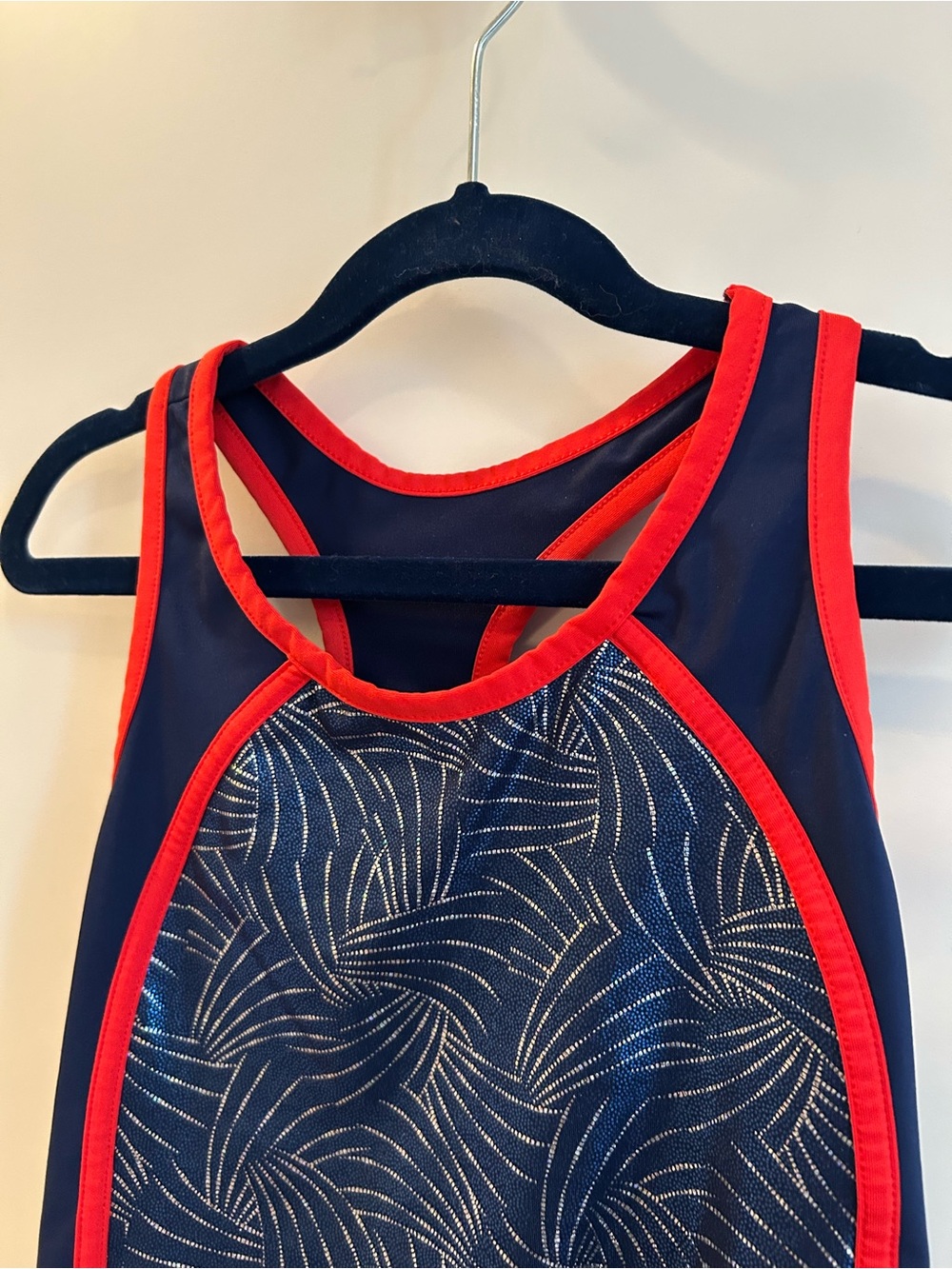 Danskin Navy Dance Leotard with Red Trim and Sparkle detail - Size M (7/8) - Picture 4 of 8